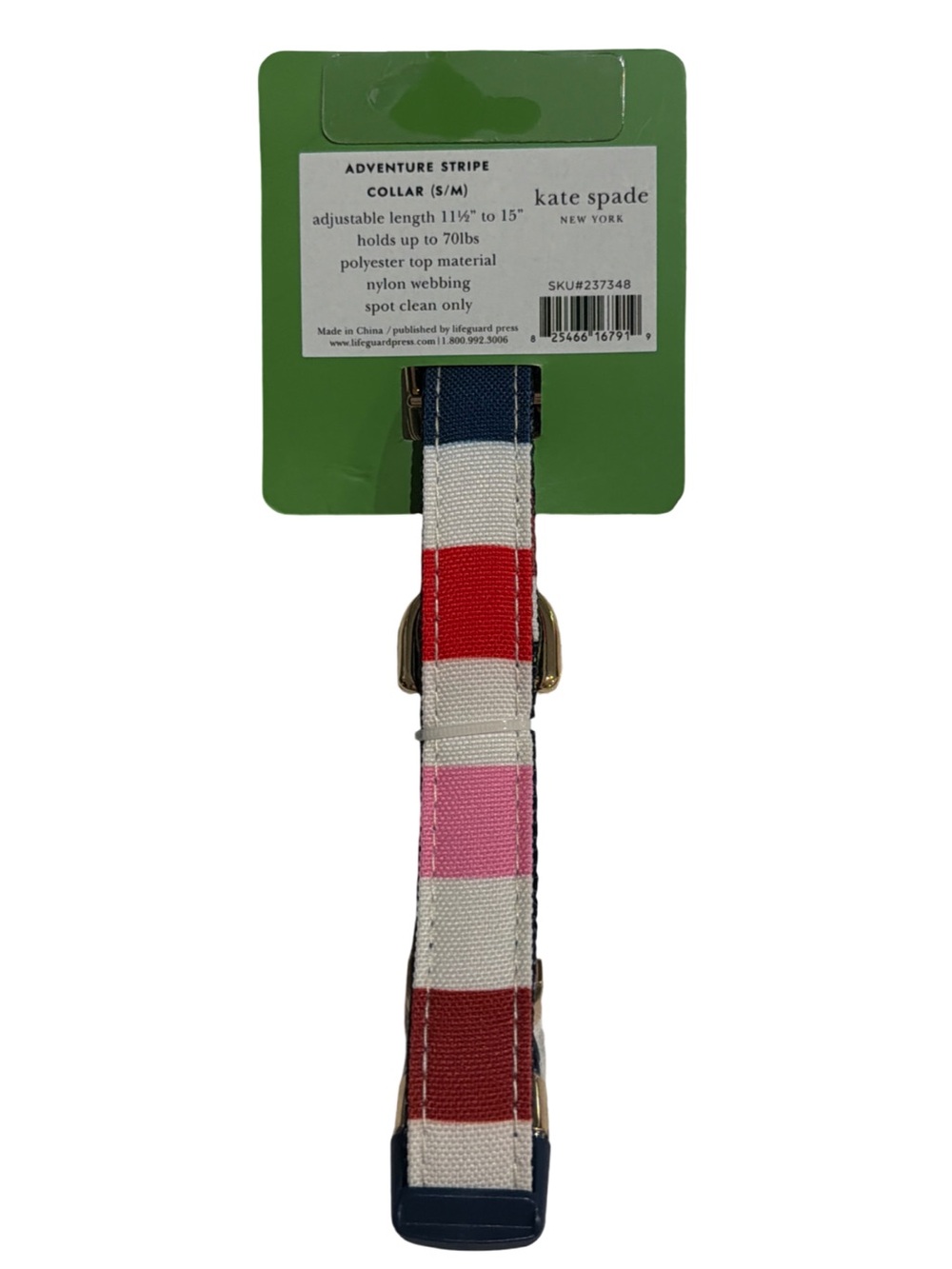 Kate Spade Adventure Stripe Pet Collar S/M Adjustable Nylon Gold Hardware - Picture 2 of 2